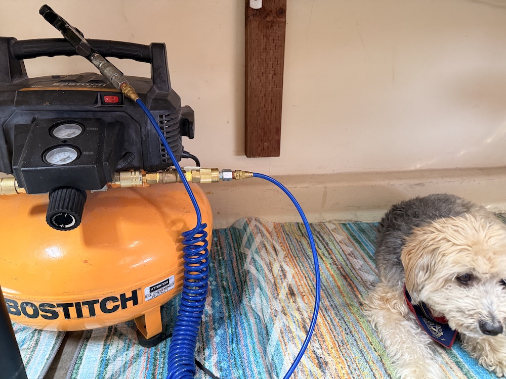 Equipment and our dog Poochie.