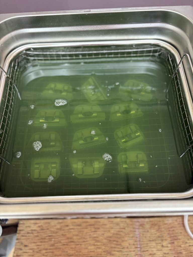 Cleansing Clipper Blades in a solution.