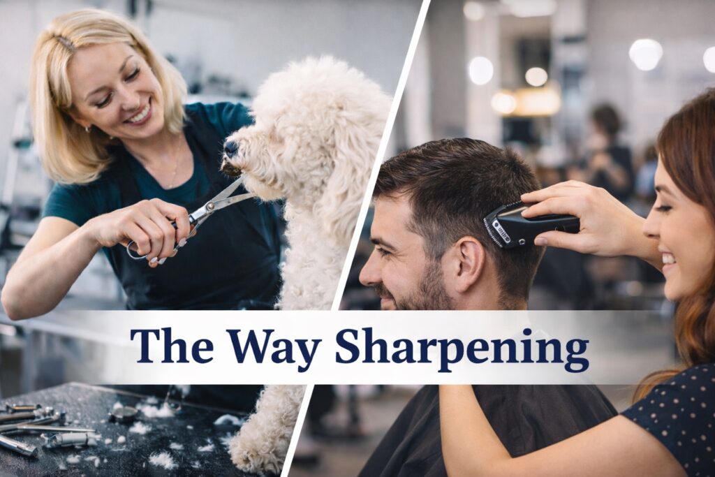 Groomer cutting dogs fur with shears and hair stylist cutting males hair with scissors.